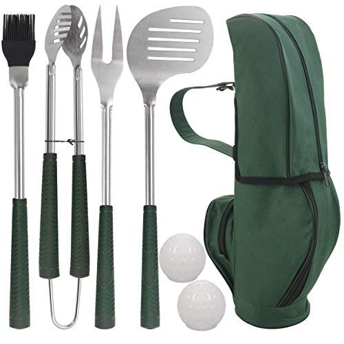  POLIGO 7pcs Golf-Club Style BBQ Grill Accessories Kit with Rubber Handle - Stainless Steel BBQ Tools in Bag for Camping - Premium Grilling Utensils Set Ideal Christmas Birthday Gif