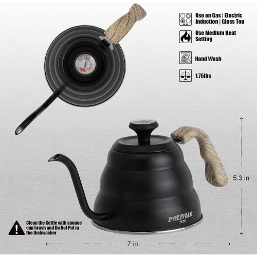 POLIVIAR 7379 POLIVIAR Pour Over Coffee Kettle, 32oz Built-in Thermometer for Tea and Coffee, Gooseneck Kettle Spout Pots with Exact Temperature, Food Grade Stainless Steel, Black (JX2020-CKB)