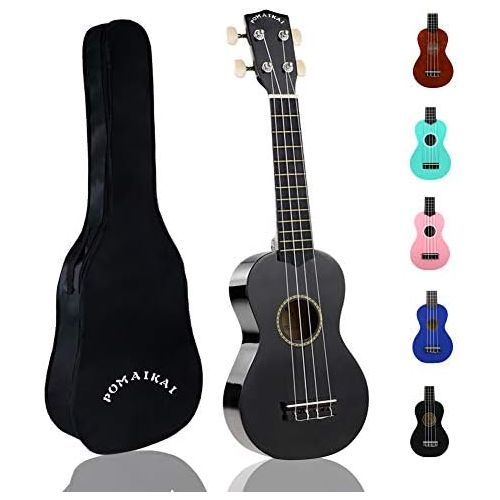  POMAIKAI Soprano Wood Ukulele Rainbow Starter Uke Hawaii kids Guitar 21 Inch with Gig Bag for kids Students and Beginners (Black)