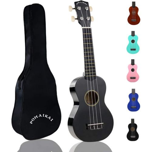  POMAIKAI Soprano Wood Ukulele Rainbow Starter Uke Hawaii kids Guitar 21 Inch with Gig Bag for kids Students and Beginners (Black)