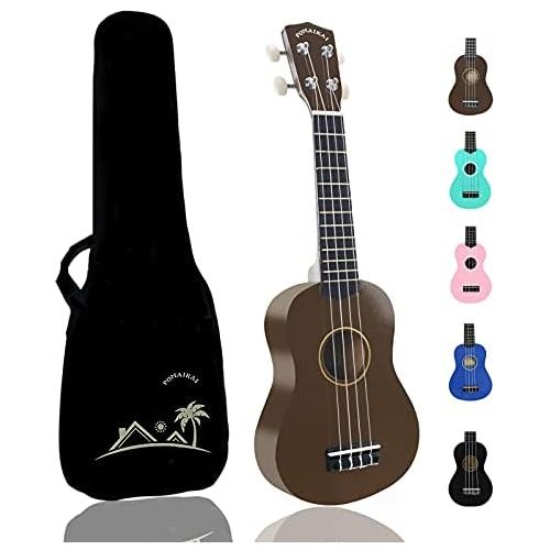  POMAIKAI Soprano Wood Ukulele Rainbow Starter Uke Hawaii kids Guitar 21 Inch with Gig Bag for kids Students and Beginners (Brown)