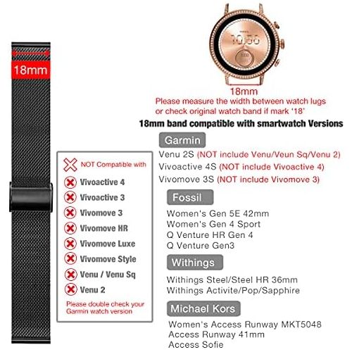  PONATTENO 18mm Stainless Steel Watch Bands for Garmin Venu 2S / Vivoactive 4S /Vivomove 3S , Metal Mesh Quick Release Wristband Strap for Fossil Q Venture Gen 4 HR/Gen 3 (Black)