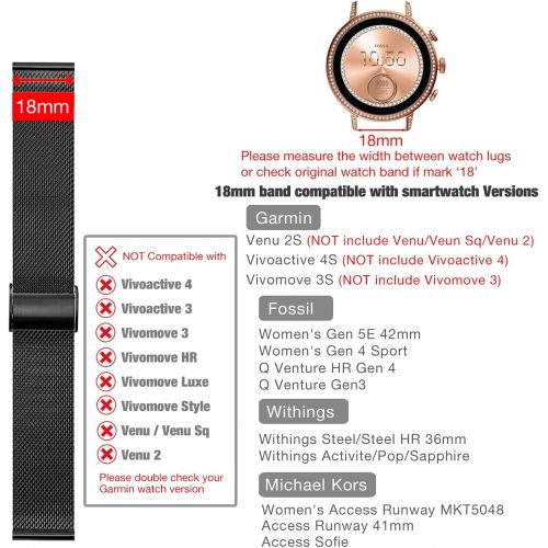  PONATTENO 18mm Stainless Steel Watch Bands for Garmin Venu 2S / Vivoactive 4S /Vivomove 3S , Metal Mesh Quick Release Wristband Strap for Fossil Q Venture Gen 4 HR/Gen 3 (Black)