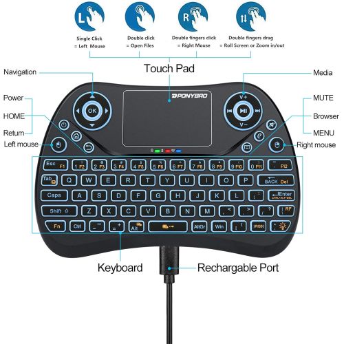  [아마존베스트](Newest Version) PONYBRO Backlit Mini Wireless Keyboard with Touchpad Mouse Combo QWERTY Keypad,Rechargeable Handheld Keyboard Remote for Smart TV,Android TV Box,KODI,Raspberry Pi,