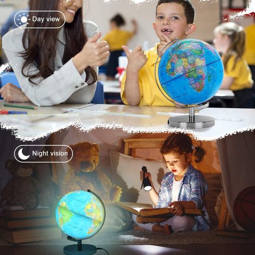  [아마존베스트]POOCCI Illuminated Rewritable Globe of The World 8 for Kids with Stand，Colorful Easy-Read High Clear Map, Illuminates Educational Interactive Globe STEM Toy, Light Up Globe Lamp, Night Li