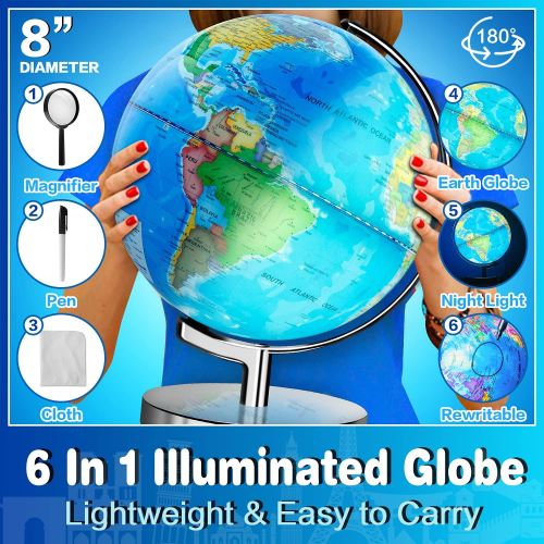  [아마존베스트]POOCCI Illuminated Rewritable Globe of The World 8 for Kids with Stand，Colorful Easy-Read High Clear Map, Illuminates Educational Interactive Globe STEM Toy, Light Up Globe Lamp, Night Li