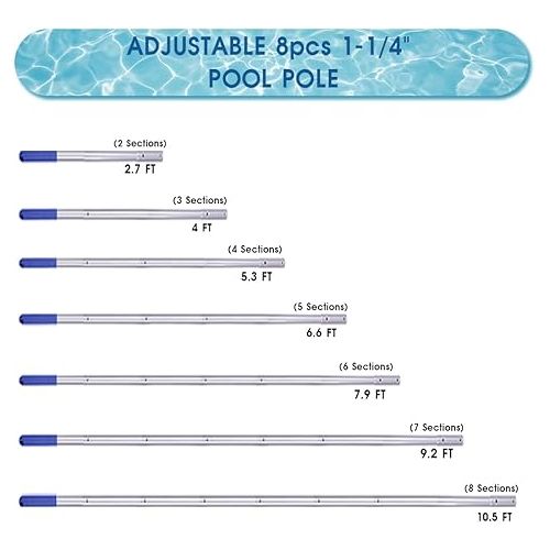  POOLWHALE 10.5 Foot Premium Aluminum Telescopic Swimming Pool Pole, Special Stripes Texture Strong Grip, Adjustable 8 Pieces 1.0 mm Expandable Step-Up, for Skimmer Nets, Vacuum Heads and Brushes