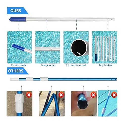  POOLWHALE 10.5 Foot Premium Aluminum Telescopic Swimming Pool Pole, Special Stripes Texture Strong Grip, Adjustable 8 Pieces 1.0 mm Expandable Step-Up, for Skimmer Nets, Vacuum Heads and Brushes