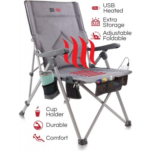  POP Design The Hot Seat, Heated Portable Chair, Perfect for Camping, Sports, Beach, and Picnics. USB Heated, X-Large Armrests, X-Large Travel Bag, 5 Pockets, Cup Holder (Battery Pa