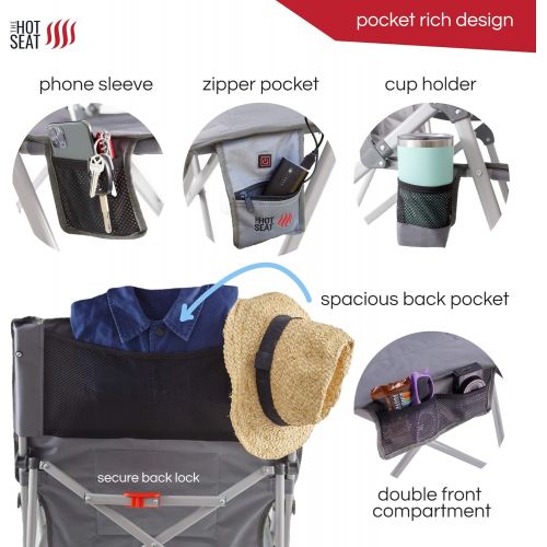  POP Design The Hot Seat, Heated Portable Chair, Perfect for Camping, Sports, Beach, and Picnics. USB Heated, X-Large Armrests, X-Large Travel Bag, 5 Pockets, Cup Holder (Battery Pa