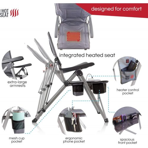  POP Design The Hot Seat, Heated Portable Chair, Perfect for Camping, Sports, Beach, and Picnics. USB Heated, X Large Armrests, X Large Travel Bag, 5 Pockets, Cup Holder (Battery Pa