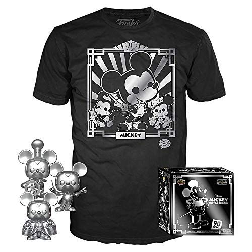 펀코 Funko Pop! 3 Pack & Tee: Disney - Mickeys 90th T-Shirt & Silver Steamboat Willie, Conductor, & Apprentice, Size X-Small, Multicolor