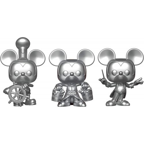 펀코 Funko Pop! 3 Pack & Tee: Disney - Mickeys 90th T-Shirt & Silver Steamboat Willie, Conductor, & Apprentice, Size X-Small, Multicolor