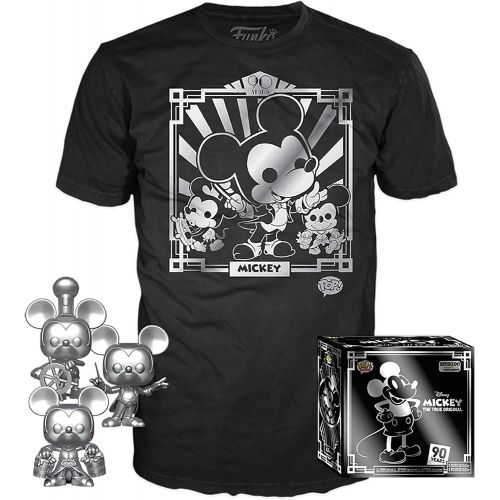 펀코 Funko Pop! 3 Pack & Tee: Disney - Mickeys 90th T-Shirt & Silver Steamboat Willie, Conductor, & Apprentice, Size X-Small, Multicolor