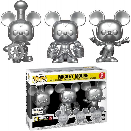 펀코 Funko Pop! 3 Pack & Tee: Disney - Mickeys 90th T-Shirt & Silver Steamboat Willie, Conductor, & Apprentice, Size X-Small, Multicolor