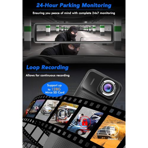  [아마존베스트]PORMIDO Mirror Dash Cam Backup Camera 12Large Full Touch Split Screen Front and Rear View Camera 1296P HD Waterproof Back up Car Camera 170° Wide Angle,Starlight Night Vision,Parki