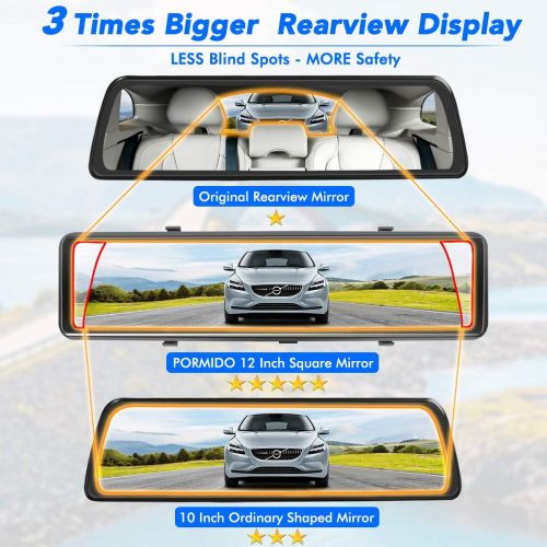  [아마존베스트]PORMIDO Mirror Dash Cam Backup Camera 12Large Full Touch Split Screen Front and Rear View Camera 1296P HD Waterproof Back up Car Camera 170° Wide Angle,Starlight Night Vision,Parki