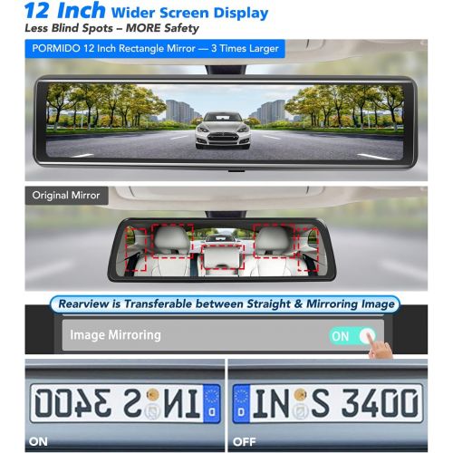  [아마존베스트]PORMIDO 12 inch Mirror Dash Cam with Detached Front Camera,Anti Glare Touch Screen Full HD 1296P,Car Rear View Backup Camera Dual Lens Sony,Super Night Vision,Parking Monitoring