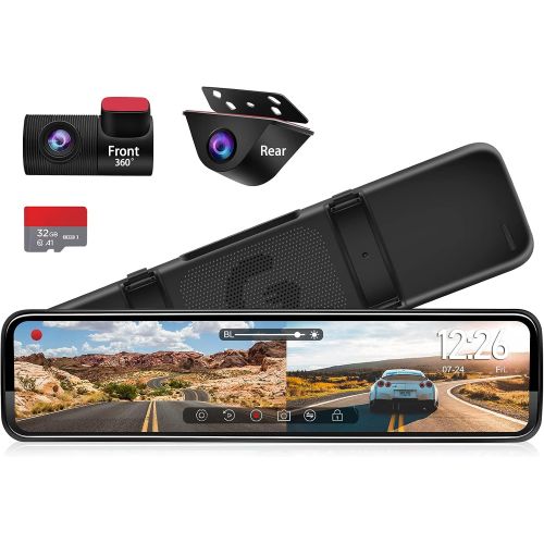  [아마존베스트]PORMIDO 12 inch Mirror Dash Cam with Detached Front Camera,Anti Glare Touch Screen Full HD 1296P,Car Rear View Backup Camera Dual Lens Sony,Super Night Vision,Parking Monitoring