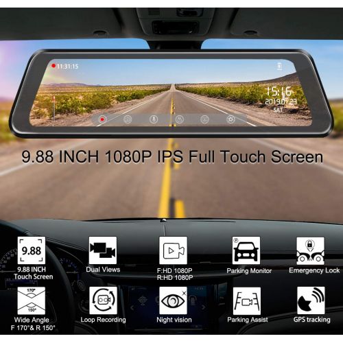  Mirror Dash Cam Backup Camera 9.88 Full HD Touch Screen Car Dash Camera Stream Media Dual Lens 170° 1080P Front and 150°1080P Rear View Camera with G-Sensor PORMIDO,24 Hour Parking