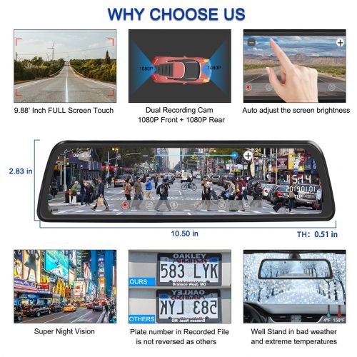  Mirror Dash Cam Backup Camera 9.88 Full HD Touch Screen Car Dash Camera Stream Media Dual Lens 170° 1080P Front and 150°1080P Rear View Camera with G-Sensor PORMIDO,24 Hour Parking