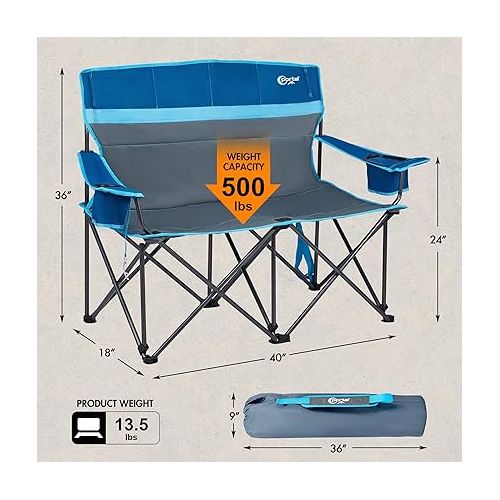  PORTAL 2 Person Loveseat Folding Double Duo Camping Chair for Adults High Back Outdoor, Support 500 lbs, Blue