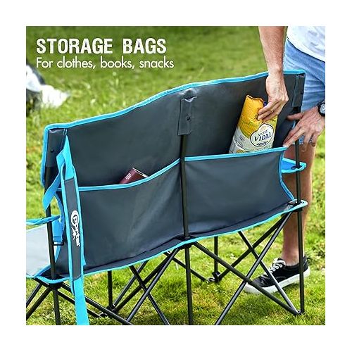  PORTAL 2 Person Loveseat Folding Double Duo Camping Chair for Adults High Back Outdoor, Support 500 lbs, Blue