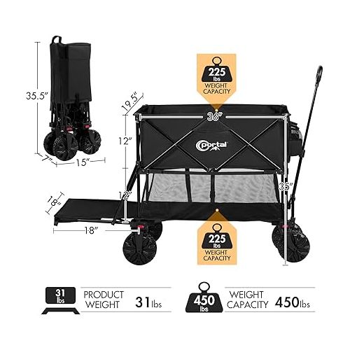  PORTAL Collapsible Double Decker Wagon, Folding Wagon Cart with Tailgate, Beach Wagon with Big Wheels, 450LB Heavy Duty Foldable Wagon 14 FT³ Large Capacity for Camping, Sports, Garden, Shopping