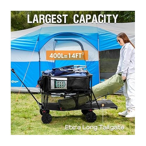  PORTAL Collapsible Double Decker Wagon, Folding Wagon Cart with Tailgate, Beach Wagon with Big Wheels, 450LB Heavy Duty Foldable Wagon 14 FT³ Large Capacity for Camping, Sports, Garden, Shopping