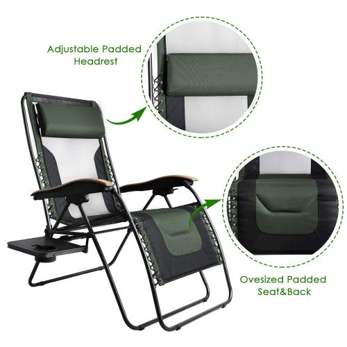  PORTAL Oversized Mesh Back Zero Gravity Recliner Chairs, XL Padded Seat Adjustable Patio Lounge Chair with Lumbar Support Pillow and Side Table Support 350lbs