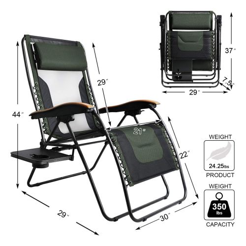  PORTAL Oversized Mesh Back Zero Gravity Recliner Chairs, XL Padded Seat Adjustable Patio Lounge Chair with Lumbar Support Pillow and Side Table Support 350lbs