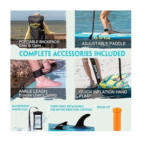  PORTAL SUP Inflatable Paddle Board for Adults, Stand Up Paddleboards, Non-Slip Deck Blow up Paddle Boards with Adjustable Paddle, Carry Bag