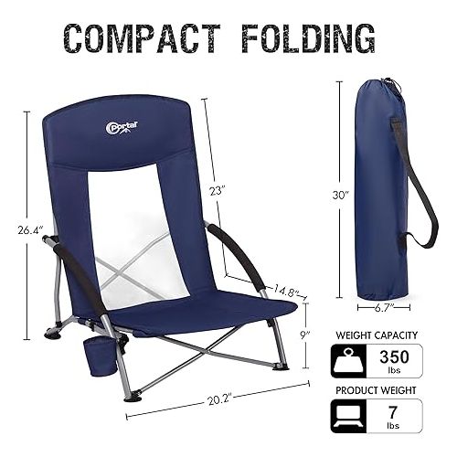  PORTAL Beach Chairs for Adults 2 Pack High Back Low Folding Camping Chair Portable Lightweight with Cup Holder for Travel, Concert, Lawn, Festival, Support 350lbs