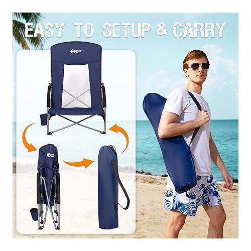  PORTAL Beach Chairs for Adults 2 Pack High Back Low Folding Camping Chair Portable Lightweight with Cup Holder for Travel, Concert, Lawn, Festival, Support 350lbs