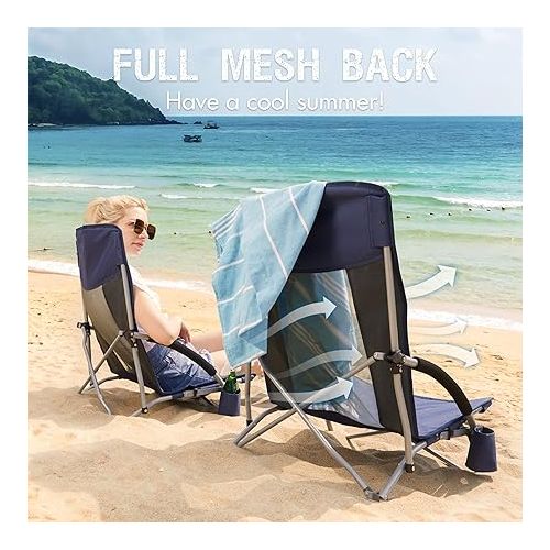  PORTAL Beach Chairs for Adults 2 Pack High Back Low Folding Camping Chair Portable Lightweight with Cup Holder for Travel, Concert, Lawn, Festival, Support 350lbs