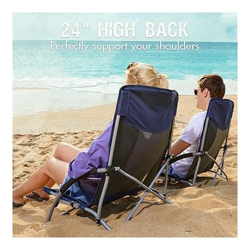  PORTAL Beach Chairs for Adults 2 Pack High Back Low Folding Camping Chair Portable Lightweight with Cup Holder for Travel, Concert, Lawn, Festival, Support 350lbs