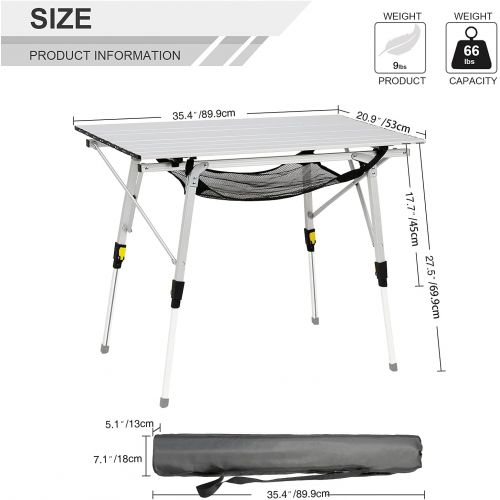  PORTAL Portable Folding Camping Table All Aluminum Ultra Lightweight Picnic Table 4 Adjustable Legs Roll Up Table Top with Mesh Layer for Beach Outdoor Travel