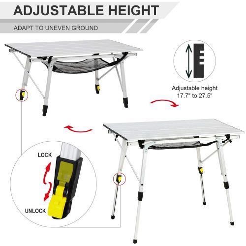  PORTAL Portable Folding Camping Table All Aluminum Ultra Lightweight Picnic Table 4 Adjustable Legs Roll Up Table Top with Mesh Layer for Beach Outdoor Travel