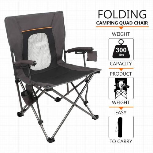  PORTAL Camping Chair Folding Portable Quad Mesh Back with Cup Holder Pocket and Hard Armrest, Supports 300 Lbs, Black, Regular
