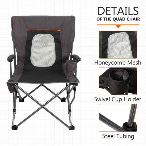  PORTAL Camping Chair Folding Portable Quad Mesh Back with Cup Holder Pocket and Hard Armrest, Supports 300 Lbs, Black, Regular