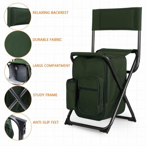  PORTAL Lightweight Backrest Stool Compact Folding Chair Seat with Cooler Bag for Fishing, Camping, Hiking, Supports 225 lbs