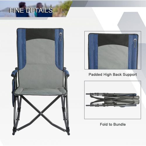  PORTAL Folding Camping Rocking Chairs Outdoor Patio Rocker Recliner Chairs with High Back Hard Armrest Support 300 lbs, Blue