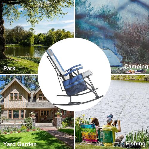  PORTAL Folding Camping Rocking Chairs Outdoor Patio Rocker Recliner Chairs with High Back Hard Armrest Support 300 lbs, Blue