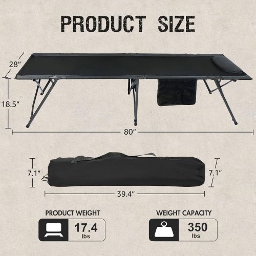  PORTAL Folding Camping Cot for Adults, 80” Extra Length Travel Cot with Pillow, Outdoor Sleeping Cots with Side Pockets, Easy to Set up Camping Cot with Carry Bag, Support 300LBS