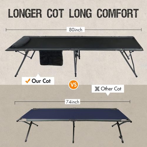  PORTAL Folding Camping Cot for Adults, 80” Extra Length Travel Cot with Pillow, Outdoor Sleeping Cots with Side Pockets, Easy to Set up Camping Cot with Carry Bag, Support 300LBS