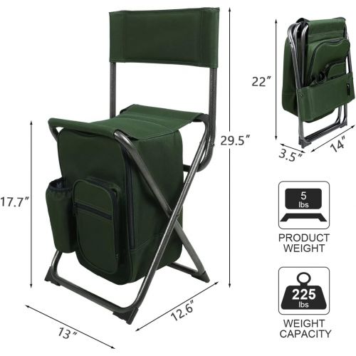  PORTAL Lightweight Backrest Stool Compact Folding Chair Seat with Cooler Bag for Fishing, Camping, Hiking, Supports 225 lbs