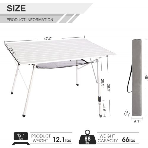  PORTAL Outdoor Folding Portable Picnic Camping Table with One Adjustable Aluminum Leg, Roll Up Table Top with Mesh Layer