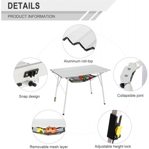  PORTAL Outdoor Folding Portable Picnic Camping Table with One Adjustable Aluminum Leg, Roll Up Table Top with Mesh Layer