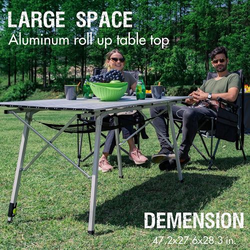  PORTAL Outdoor Folding Portable Picnic Camping Table with One Adjustable Aluminum Leg, Roll Up Table Top with Mesh Layer