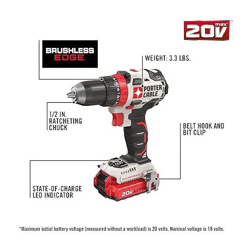  PORTER-CABLE PCCK607LB 20V MAX Brushless Cordless Drill Driver, 1/2